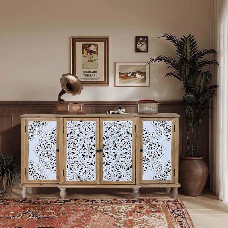Doğal Masif Köknar ve MDF Oymalı 4 Kapaklı Ayarlanabilir Raflı Bohem Konsol - 161x41x85 cm - 324963