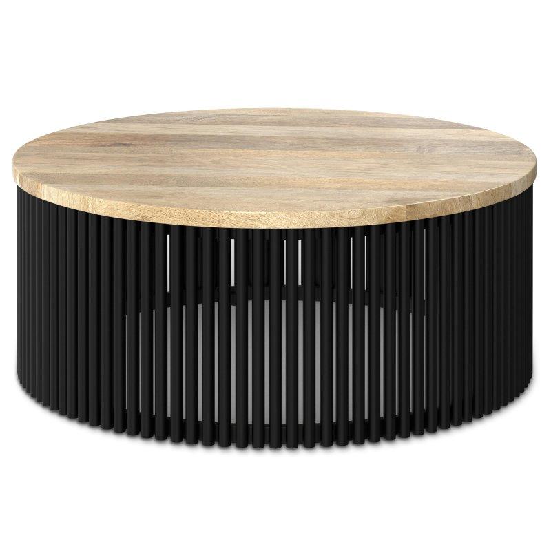 Doğal Masif Mango Ağacı Tabla Siyah Metal Ayaklı Endüstriyel Yuvarlak Orta Sehpa - 89 cm - 240379