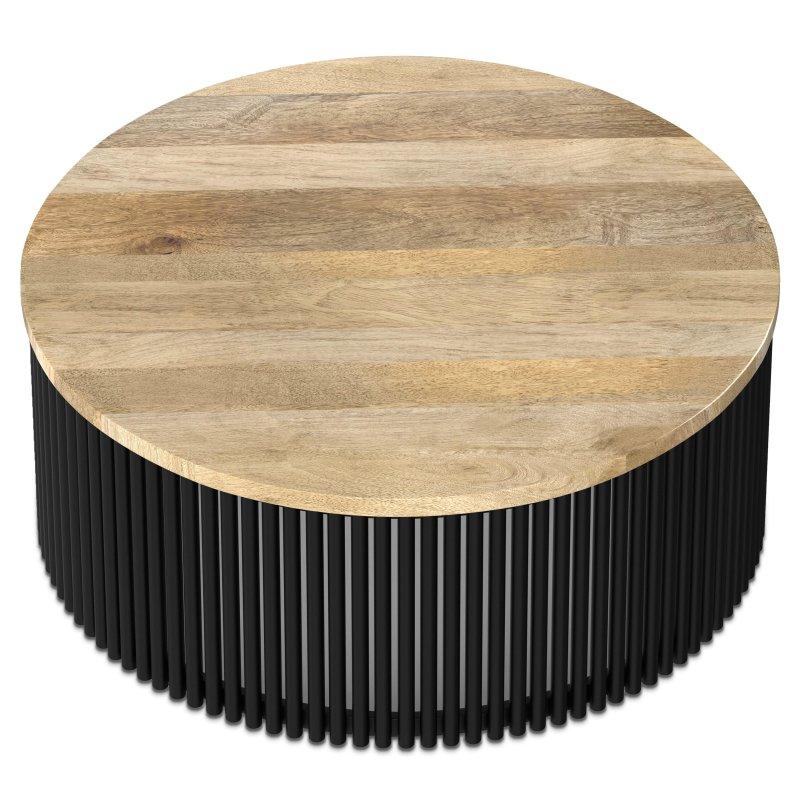 Doğal Masif Mango Ağacı Tabla Siyah Metal Ayaklı Endüstriyel Yuvarlak Orta Sehpa - 89 cm - 240379