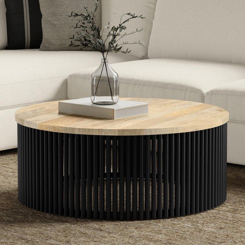 Doğal Masif Mango Ağacı Tabla Siyah Metal Ayaklı Endüstriyel Yuvarlak Orta Sehpa - 89 cm - 240379