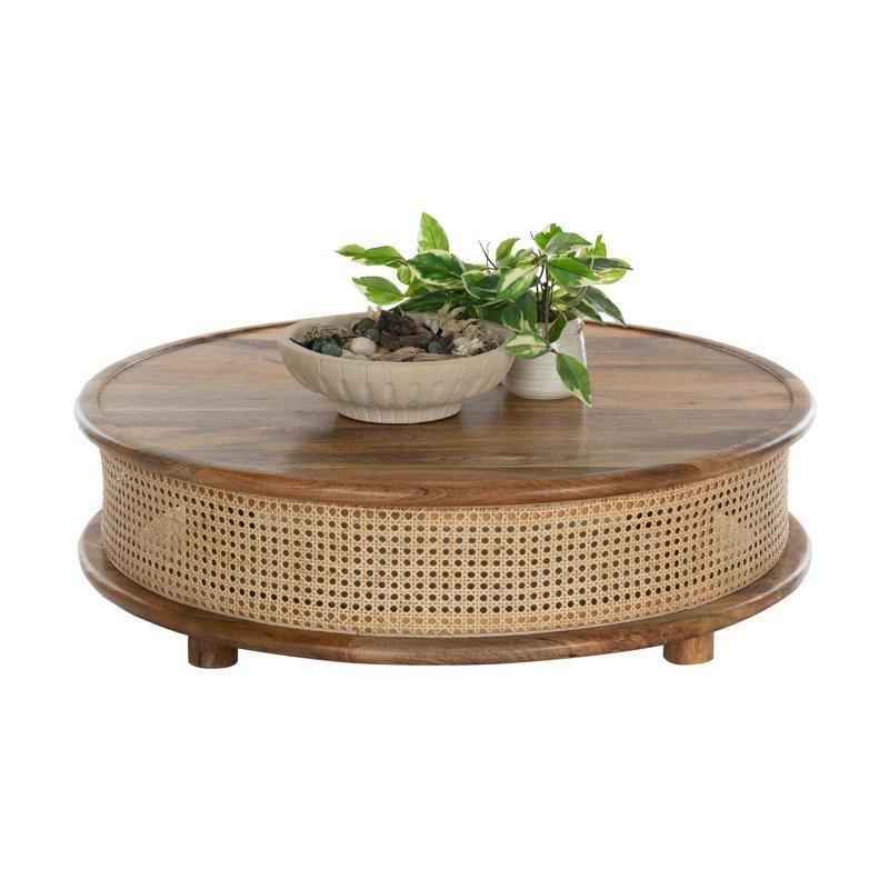 Doğal Masif Mango Ağacı ve Bambu Örgü Alçak Profilli Yuvarlak Orta Sehpa - 92 cm - 245308