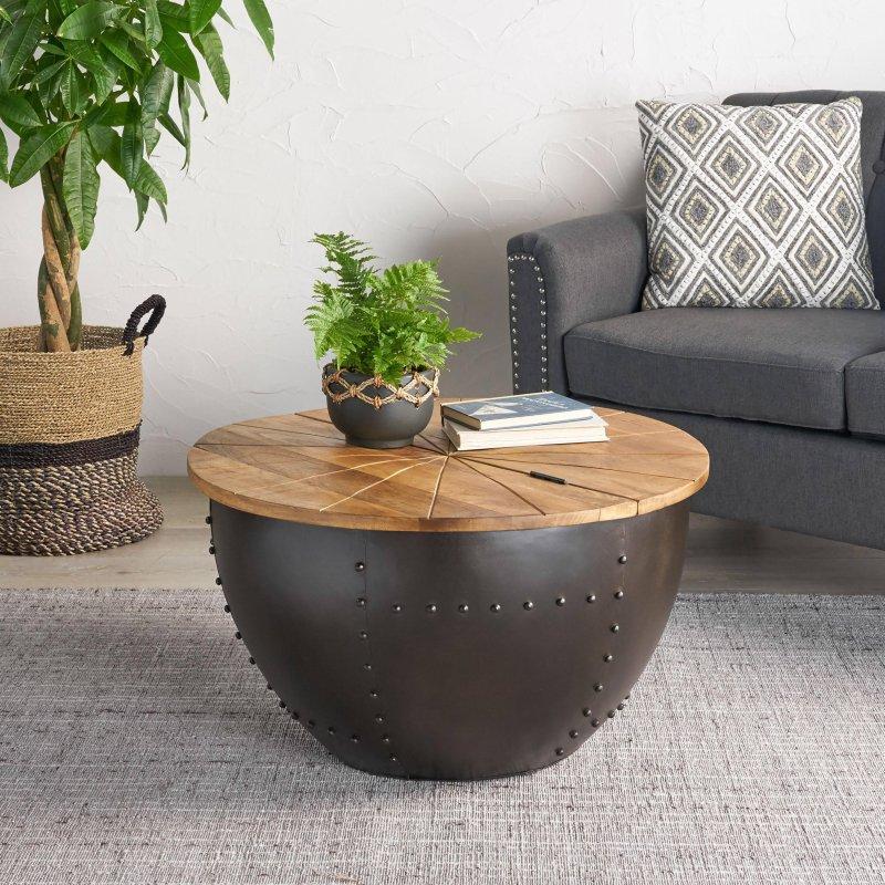 Doğal Masif Mango Ağacı ve Metal Saklama Alanlı Endüstriyel Yuvarlak Orta Sehpa - 69x39 cm - 240120
