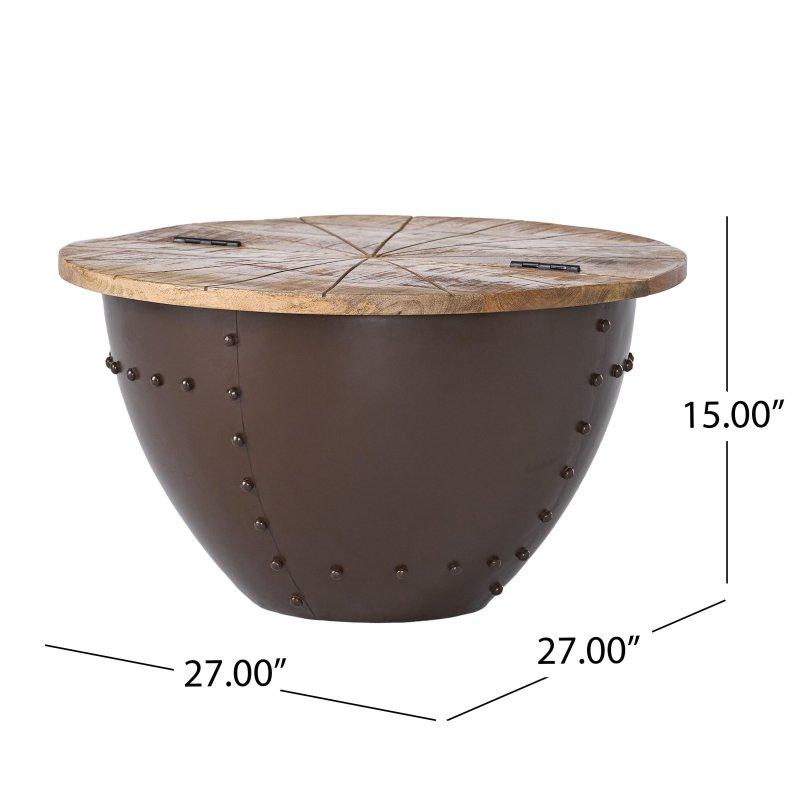 Doğal Masif Mango Ağacı ve Metal Saklama Alanlı Endüstriyel Yuvarlak Orta Sehpa - 69x39 cm - 240120
