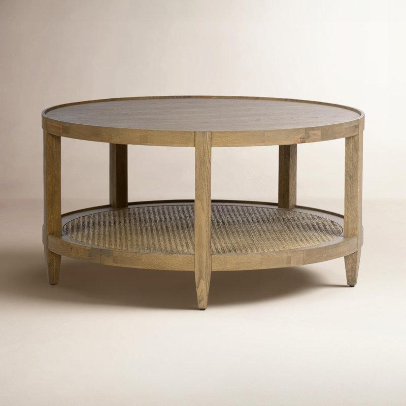 Doğal Masif Meşe Hasırlı Raflı Yuvarlak Orta Sehpa - 94x94x49 cm - 243684