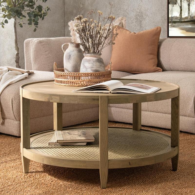 Doğal Masif Meşe Hasırlı Raflı Yuvarlak Orta Sehpa - 94x94x49 cm - 243684