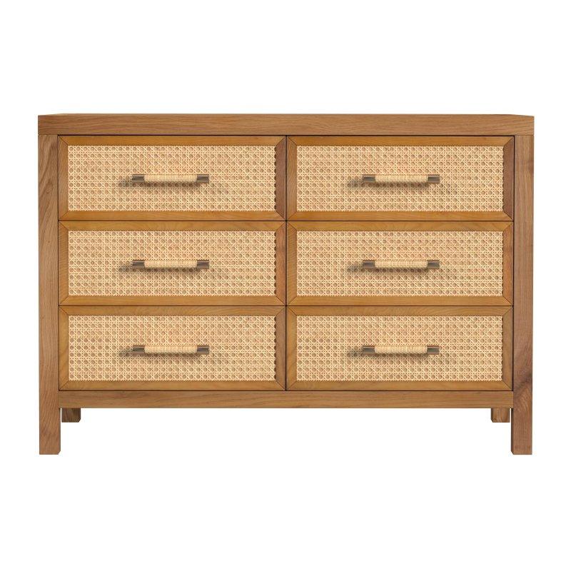 Doğal Masif Meşe ve Hasır 6 Çekmeceli Gold Kulplu Şifonyer - 112x46x77 cm - 304578