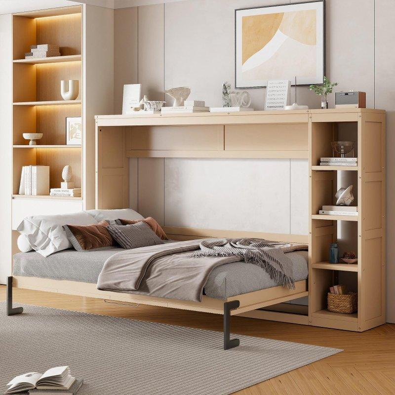 Doğal MDF Dahili Kitaplıklı ve Raflı Duvar Yatağı - 262427