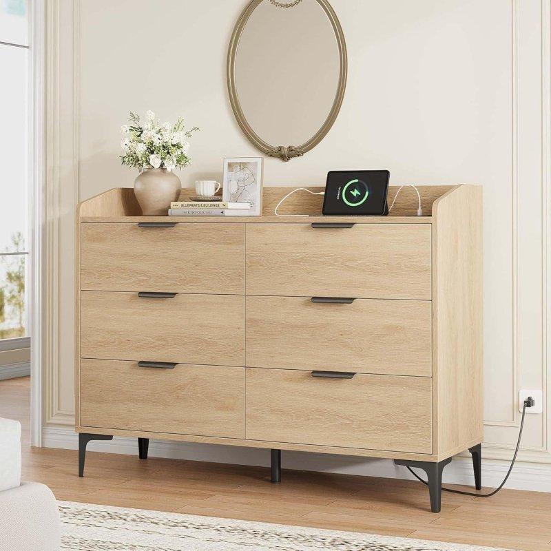 Doğal MDF Dahili USB Portlu ve Prizli 6 Çekmeceli Şifonyer - 298230