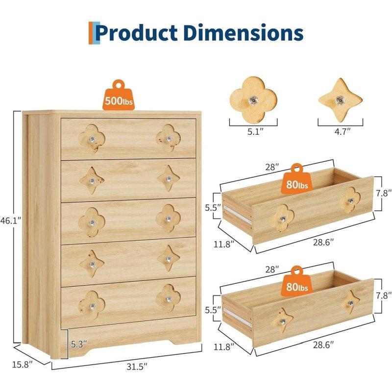 Doğal MDF Gold Kulplu 5 Çekmeceli Şifonyer - 120 cm - 306181