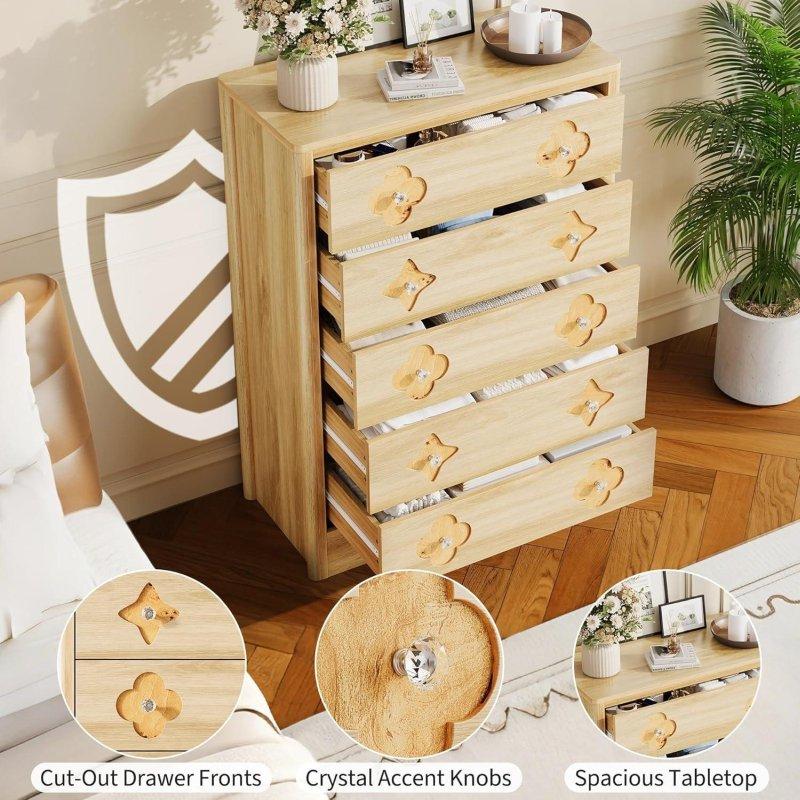 Doğal MDF Gold Kulplu 5 Çekmeceli Şifonyer - 120 cm - 306181