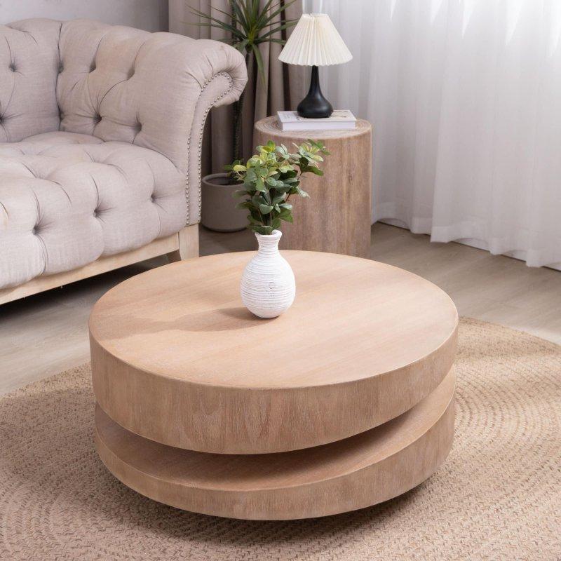 Doğal MDF İki Katlı Asimetrik Tasarımlı Yuvarlak Orta Sehpa - 80 cm - 239960