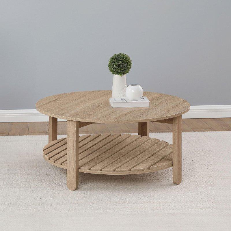 Doğal MDF Latalı Raflı Yuvarlak Orta Sehpa - 91x42 cm - 242199
