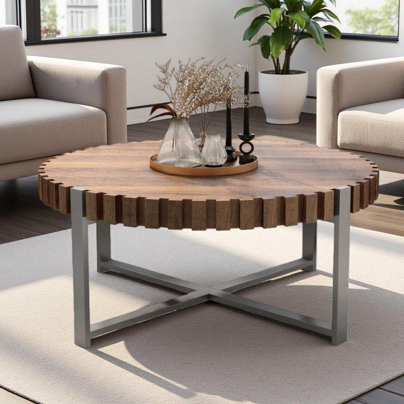 Doğal MDF Modern Tambur Tasarım Yuvarlak Orta Sehpa - 81x36 cm - 240375