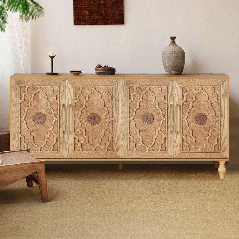 Doğal MDF Oyma Çiçek Desenli Metal Kulplu Ayarlanabilir Raflı Bohem Konsol - 161 cm - 325294