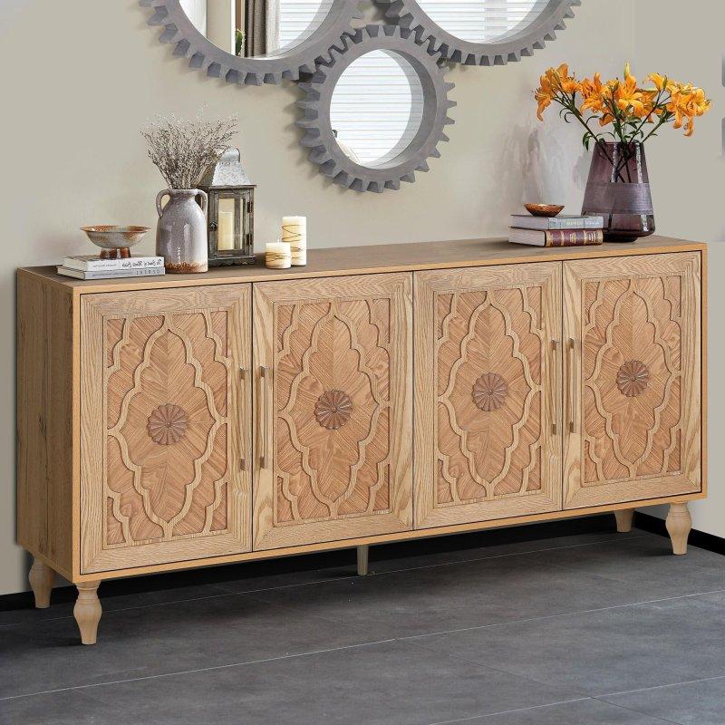 Doğal MDF Oyma Çiçek Desenli Metal Kulplu Ayarlanabilir Raflı Bohem Konsol - 161 cm - 325294