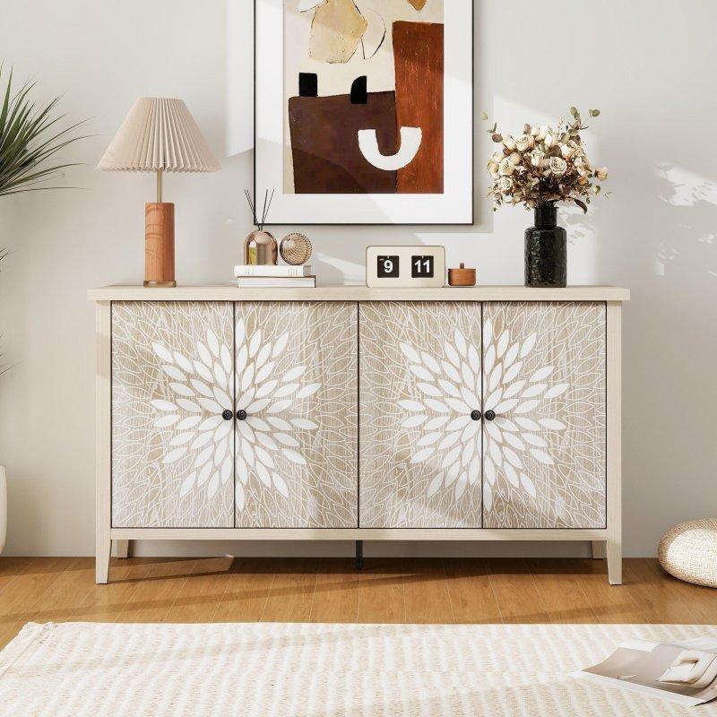 Doğal MDF Oymalı 4 Kapaklı Ayarlanabilir Raflı Bohem Konsol - 148x41x81 cm - 325209