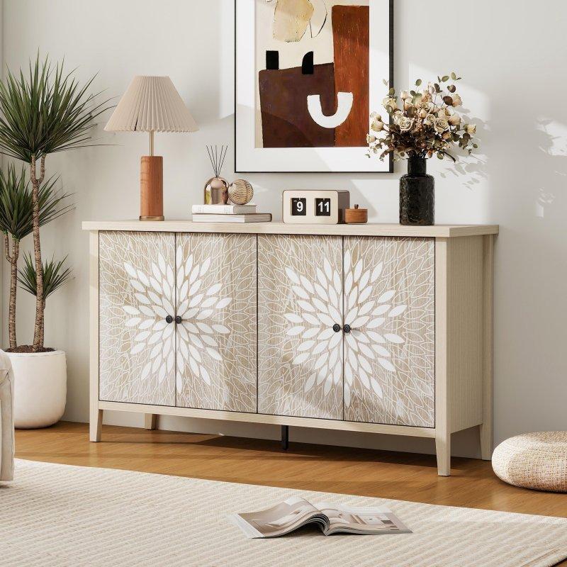 Doğal MDF Oymalı 4 Kapaklı Ayarlanabilir Raflı Bohem Konsol - 148x41x81 cm - 325209