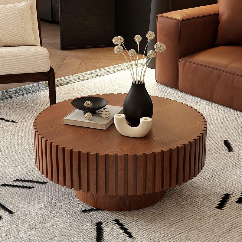 Doğal MDF ve Masif Ahşap El Yapımı Zeytin Formlu Kaide Yuvarlak Orta Sehpa - Ø81 cm - 240756