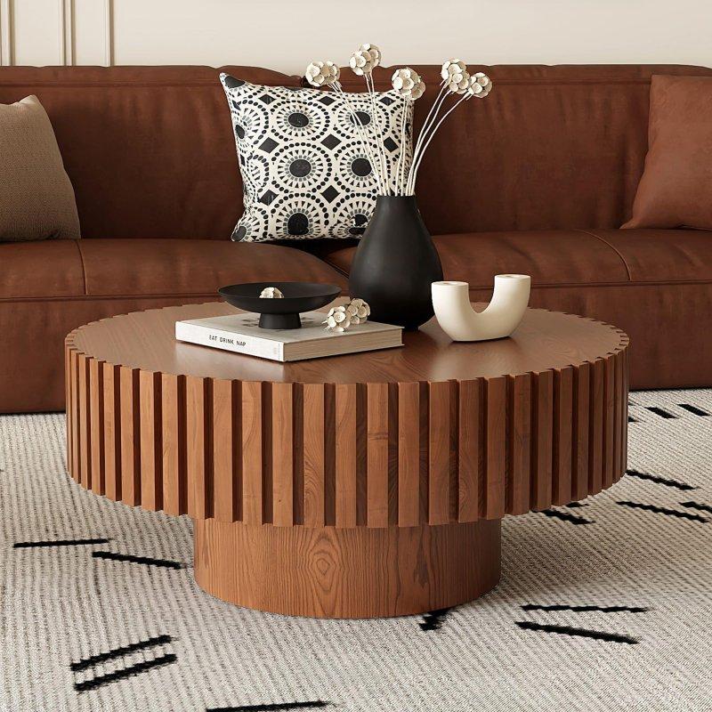 Doğal MDF ve Masif Ahşap El Yapımı Zeytin Formlu Kaide Yuvarlak Orta Sehpa - Ø81 cm - 240756