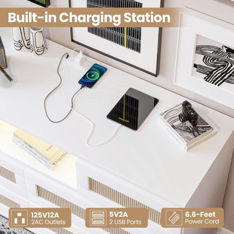 Doğal MDF ve Rattan RGB LED Işıklı Şarj İstasyonlu 6 Çekmeceli Şifonyer - 121x34x78 cm - 310864