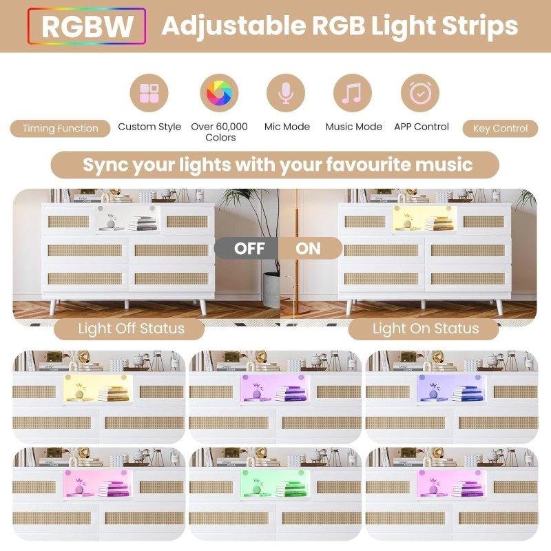 Doğal MDF ve Rattan RGB LED Işıklı Şarj İstasyonlu 6 Çekmeceli Şifonyer - 121x34x78 cm - 310864