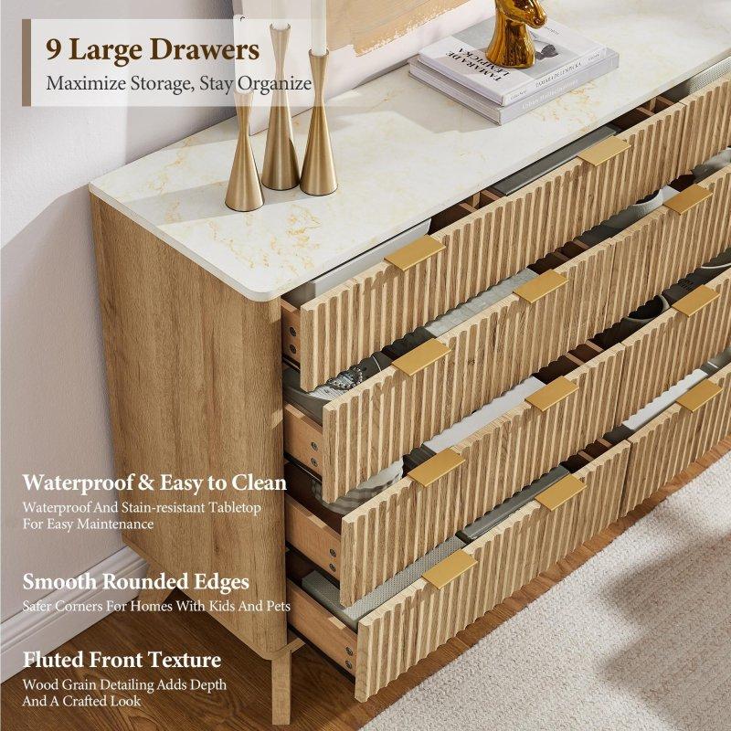 Doğal MDF Yivli 9 Çekmeceli Gold Kuluplu Şifonyer - 139 cm - 302524
