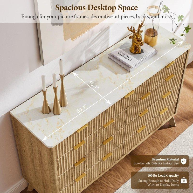 Doğal MDF Yivli 9 Çekmeceli Gold Kuluplu Şifonyer - 139 cm - 302524