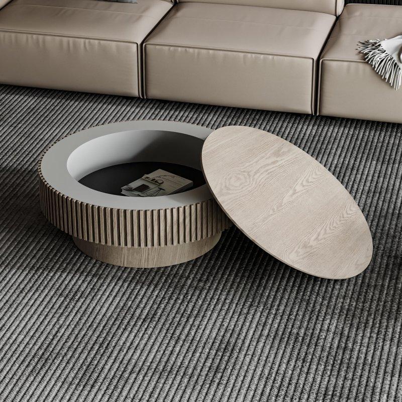 Doğal MDF Yivli Depolamalı Yuvarlak Orta Sehpa - 81x36 cm - 240703