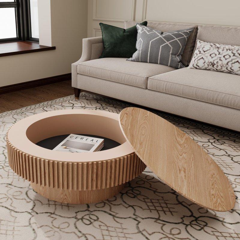 Doğal MDF Yivli Depolamalı Yuvarlak Orta Sehpa - 81x36 cm - 240703