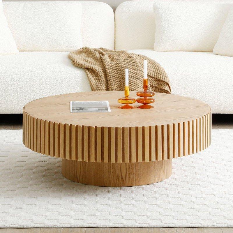Doğal MDF Yivli Kaide Ayaklı Mantar Tasarım Yuvarlak Orta Sehpa - 90 cm - 239861