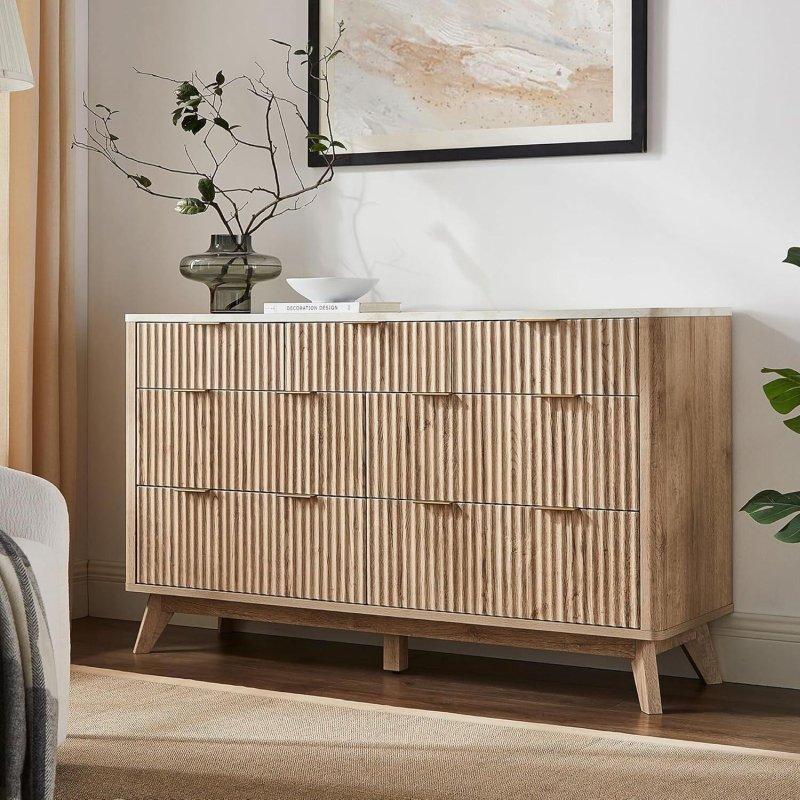 Doğal MDF Yivli Kavisli Tasarım 7 Çekmeceli Şifonyer - 138 cm - 306204