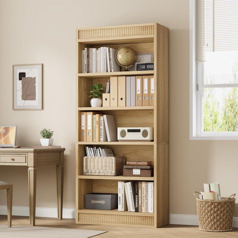 Doğal MDF Yivli Tasarımlı 5 Raflı Teşhir Alanlı Kitaplık - 182x78x31 cm - 313212