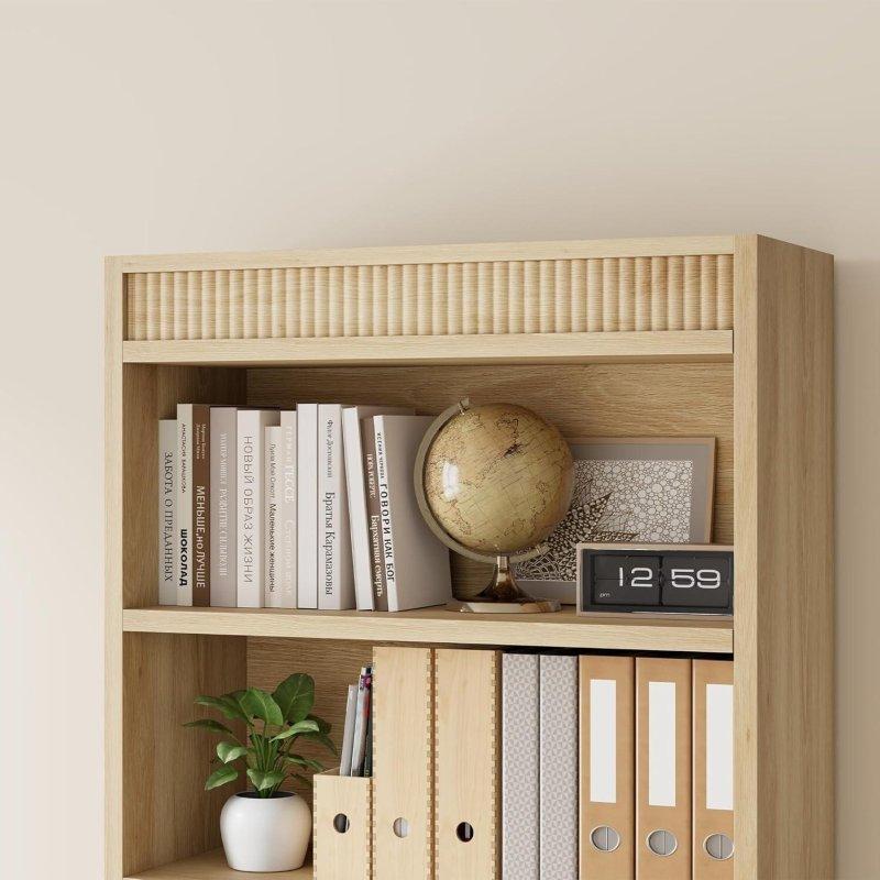 Doğal MDF Yivli Tasarımlı 5 Raflı Teşhir Alanlı Kitaplık - 182x78x31 cm - 313212