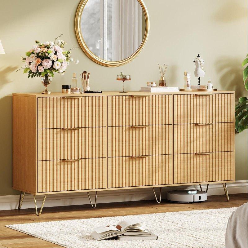 Doğal MDF Yivli Tasarımlı 9 Çekmeceli Metal Kulplu Şifonyer - 160 cm - 296052