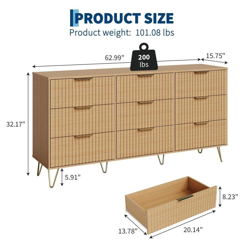 Doğal MDF Yivli Tasarımlı 9 Çekmeceli Metal Kulplu Şifonyer - 160 cm - 296052