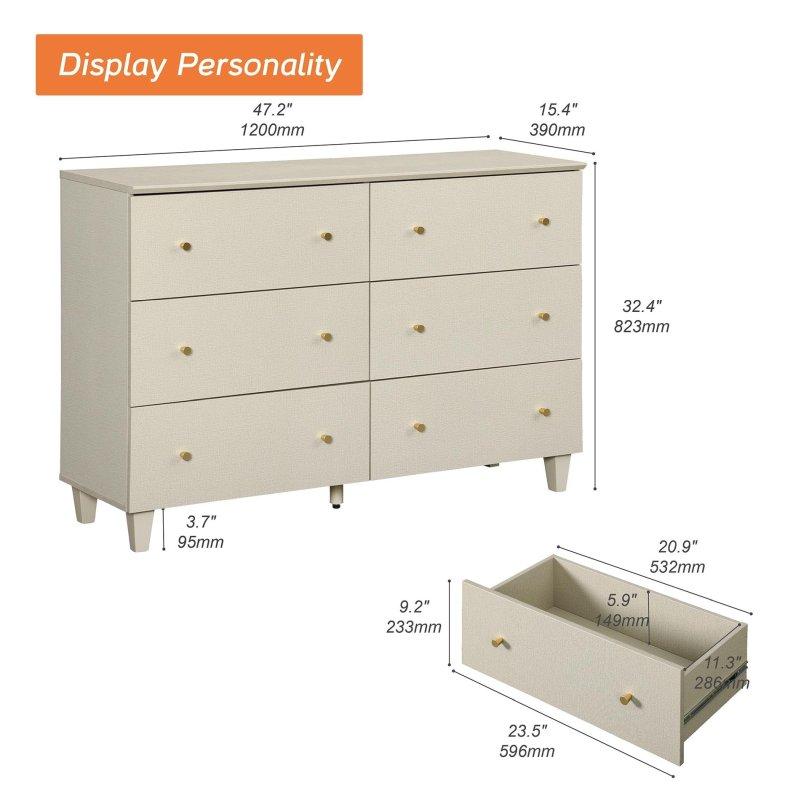 Doğal Meşe 6 Çekmeceli Gold Kulplu Şifonyer - 120 cm - 305388
