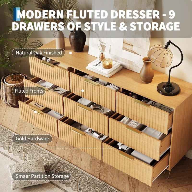 Doğal Meşe 9 Çekmeceli Yivli Metal Kulplu Şifonyer - 160 cm - 300926