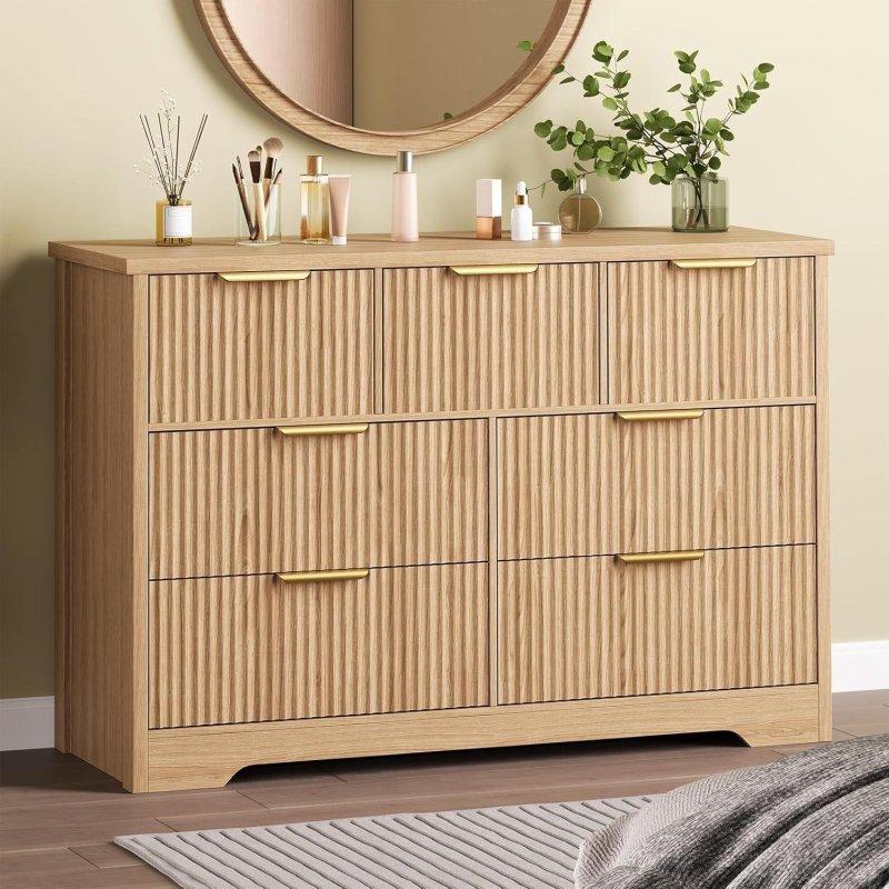 Doğal Meşe Hasır Detaylı 7 Çekmeceli MDF Şifonyer - 120 cm - 304209