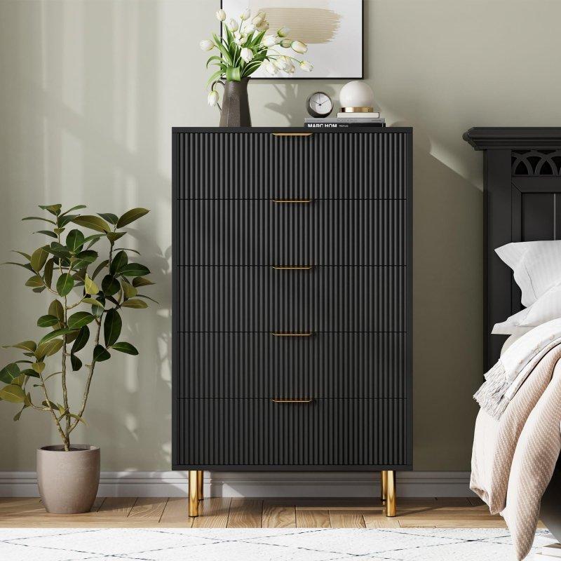 Doğal Meşe MDF Dikey Çizgili 5 Çekmeceli Şifonyer - 122x46x75 cm - 307750