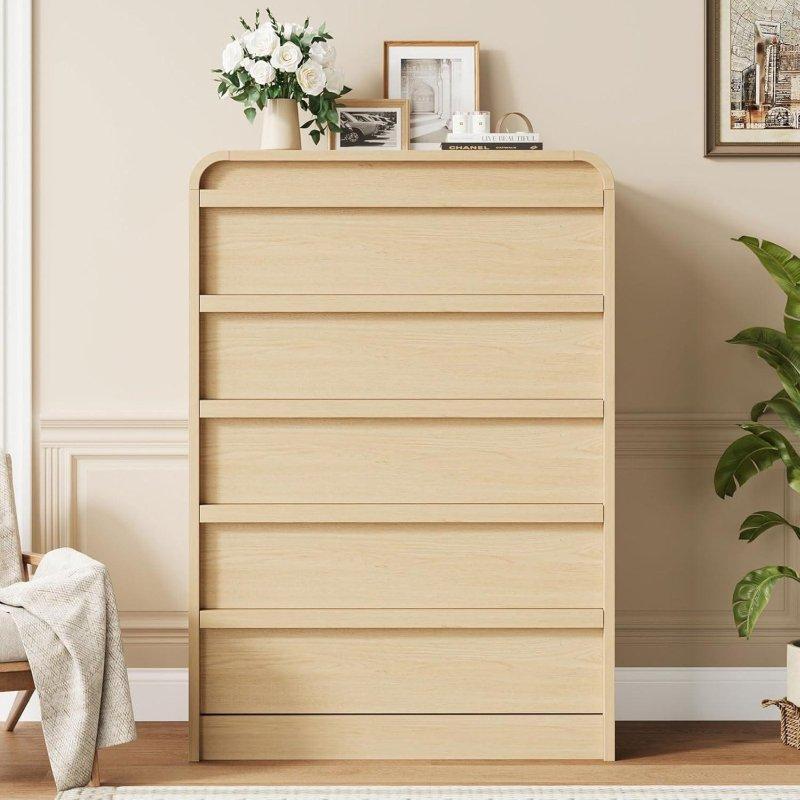 Doğal Meşe MDF Kavisli 5 Çekmeceli Kulpsuz Şifonyer - 114 cm - 304068