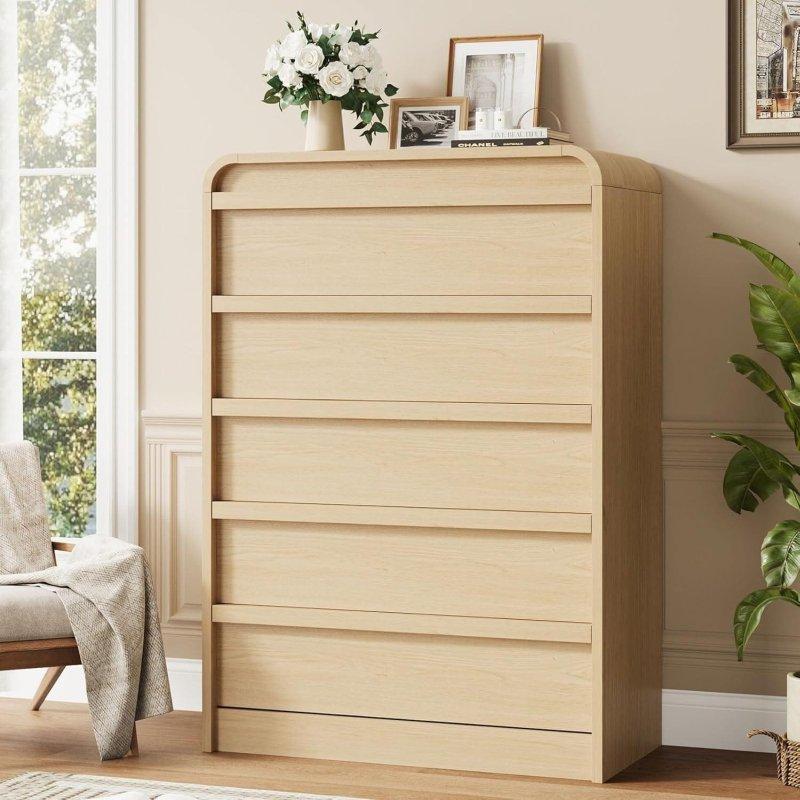 Doğal Meşe MDF Kavisli 5 Çekmeceli Kulpsuz Şifonyer - 114 cm - 304068