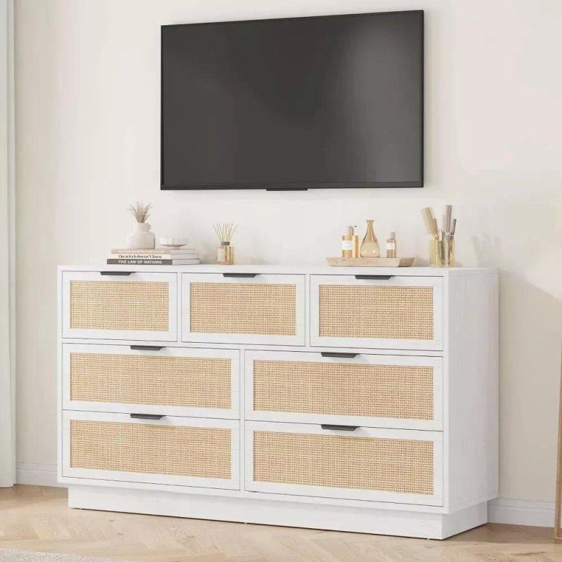 Doğal Meşe Rattan 7 Çekmeceli Metal Kulplu Şifonyer - 140 cm - 310406