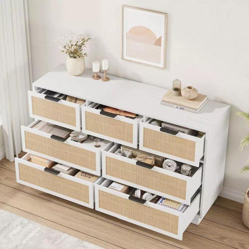 Doğal Meşe Rattan 7 Çekmeceli Metal Kulplu Şifonyer - 140 cm - 310406