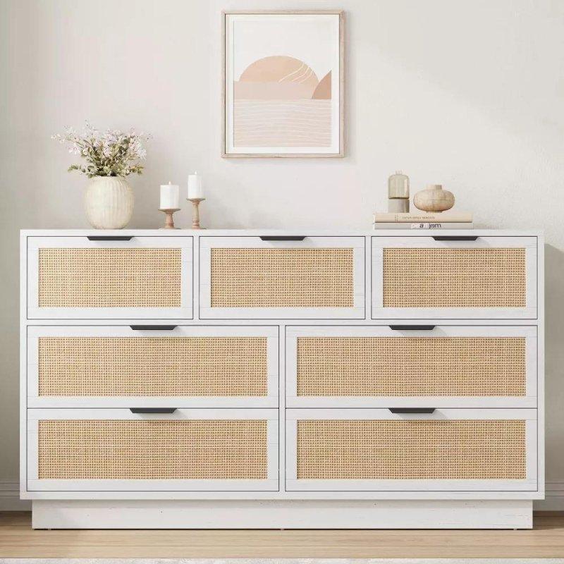 Doğal Meşe Rattan 7 Çekmeceli Metal Kulplu Şifonyer - 140 cm - 310406