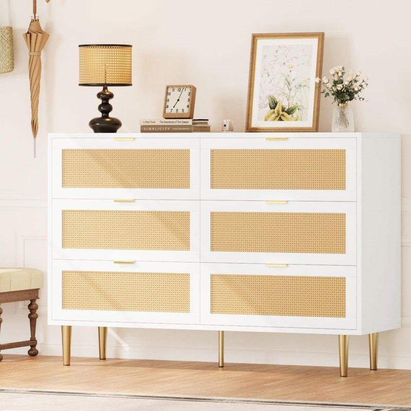 Doğal Meşe Rattan Panelli 6 Çekmeceli Gold Kulplu Şifonyer - 297790