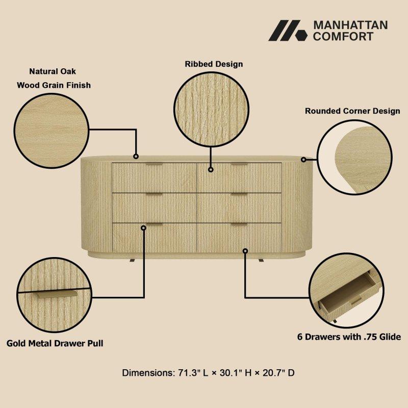 Doğal Meşe Rengi 6 Çekmeceli Nervürlü MDF Şifonyer - 182 cm - 295908