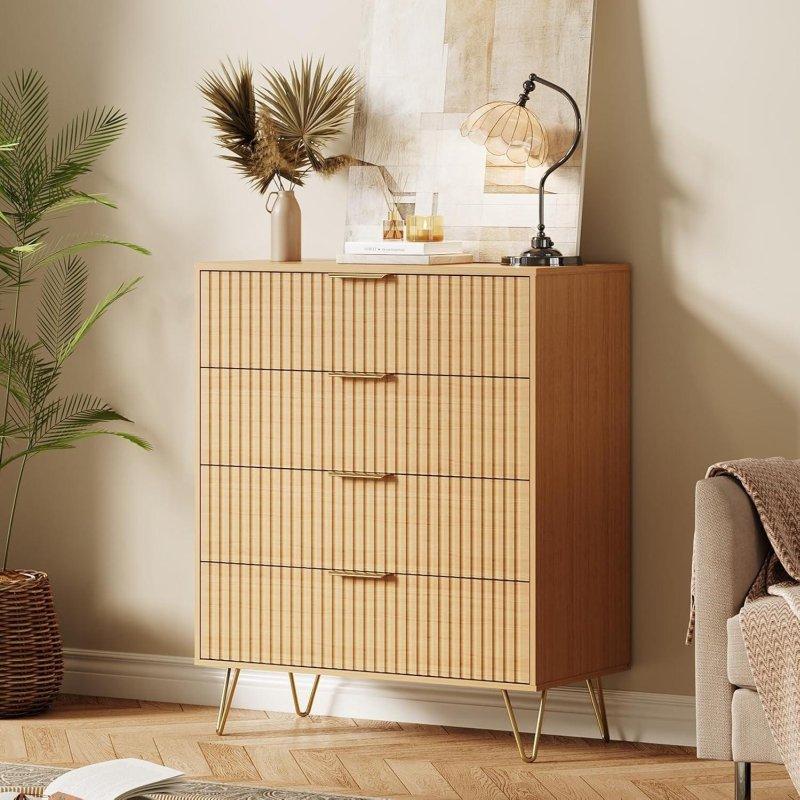 Doğal Meşe Tasarımlı MDF Yivli 6 Çekmeceli Şifonyer - 119x80x40 cm - 302342