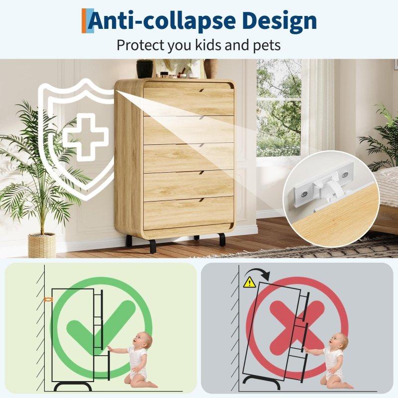 Doğal Meşe ve Beyaz Sökülebilir Ayaklı 5 Çekmeceli Kulpsuz Şifonyer - 308353