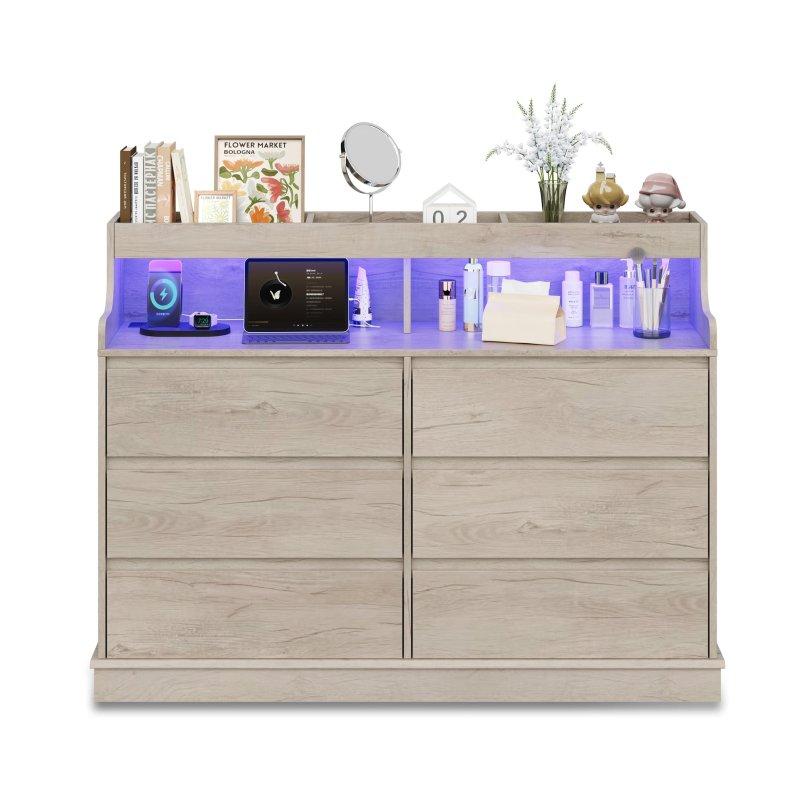 Doğal Meşe ve MDF LED Işıklı 6 Çekmeceli Kulpsuz Şifonyer - 131x97x40 cm - 295402