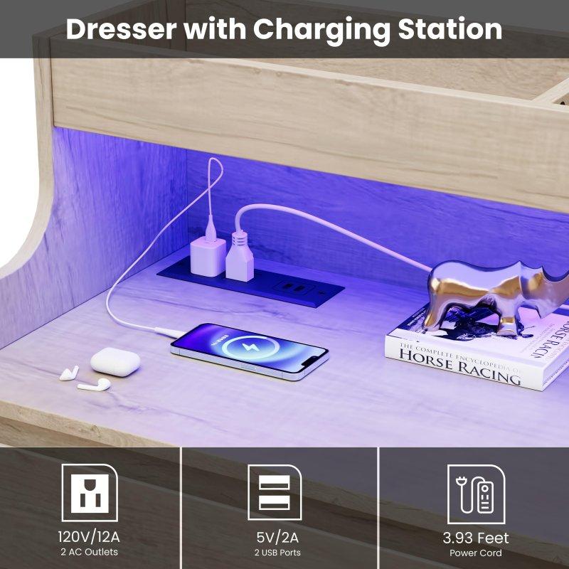 Doğal Meşe ve MDF LED Işıklı 6 Çekmeceli Kulpsuz Şifonyer - 131x97x40 cm - 295402
